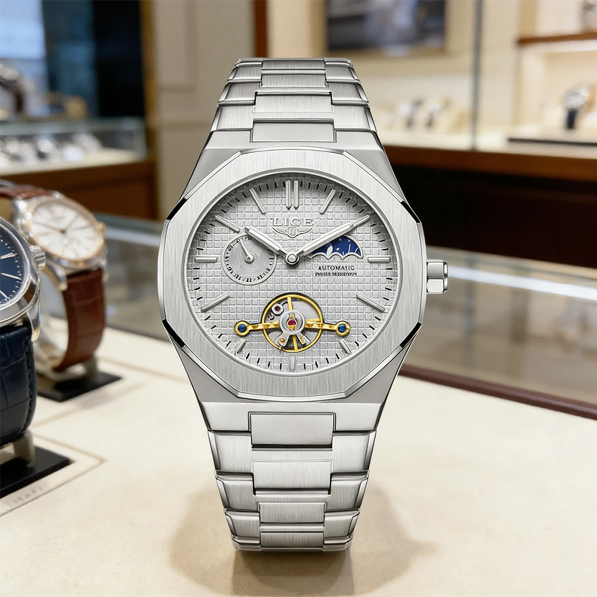 

LIGE Business Men Mechanical Wristwatch Fully Automatic Watches Calendar Men's Waterproof Night Light Watch Relogio mecanico