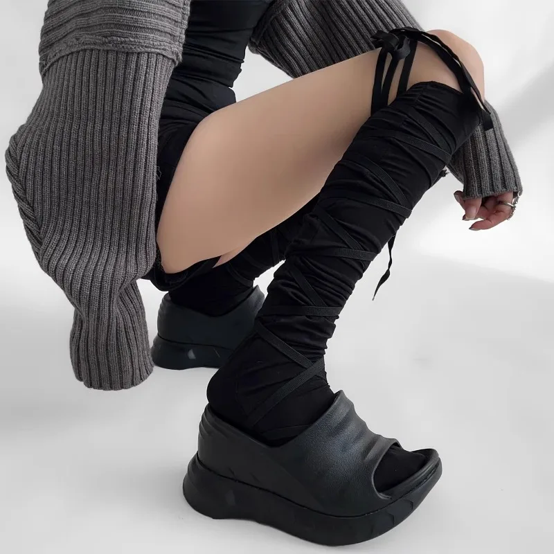 Y2K Aesthetic Bowknot Lace Up Stacked Socks Trendy Over Knee High Stockings White Black Gray Slouch Calf Socks Sweet Girl Socks