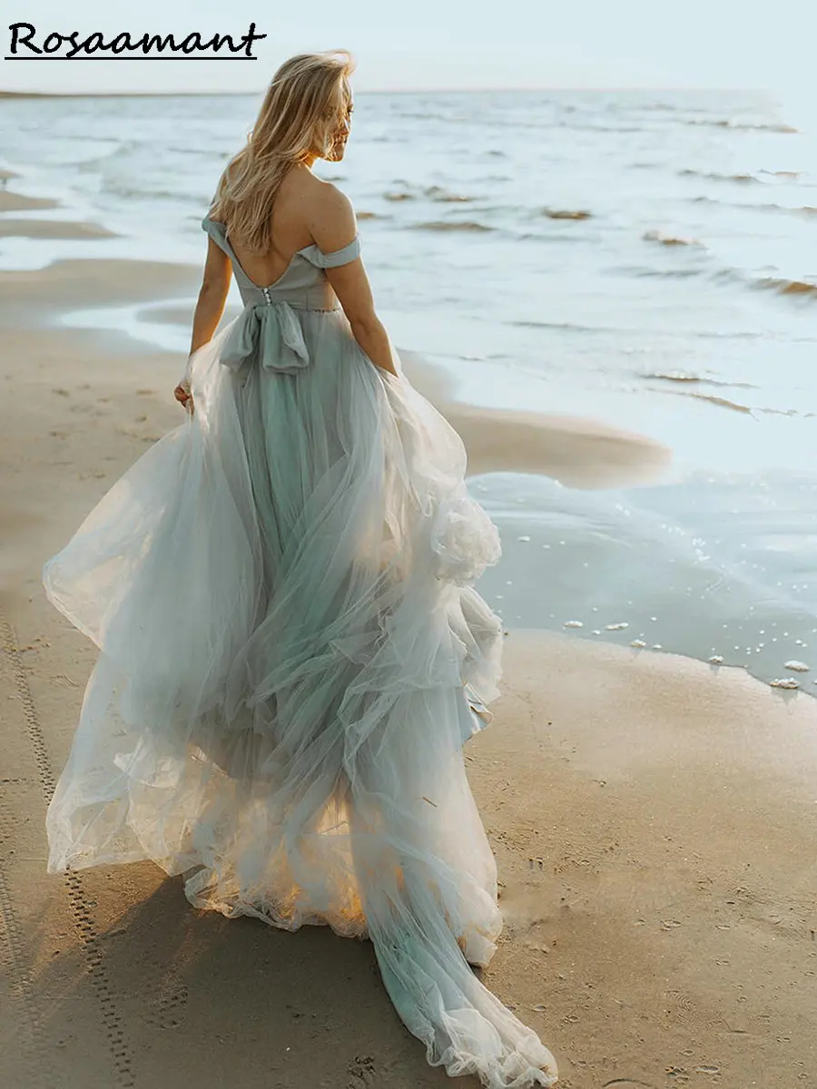 Smoke Blue Off The Shoulder A-Line Wedding Dresses Sleeveless Bow Boho Country Customized Bridal Gowns