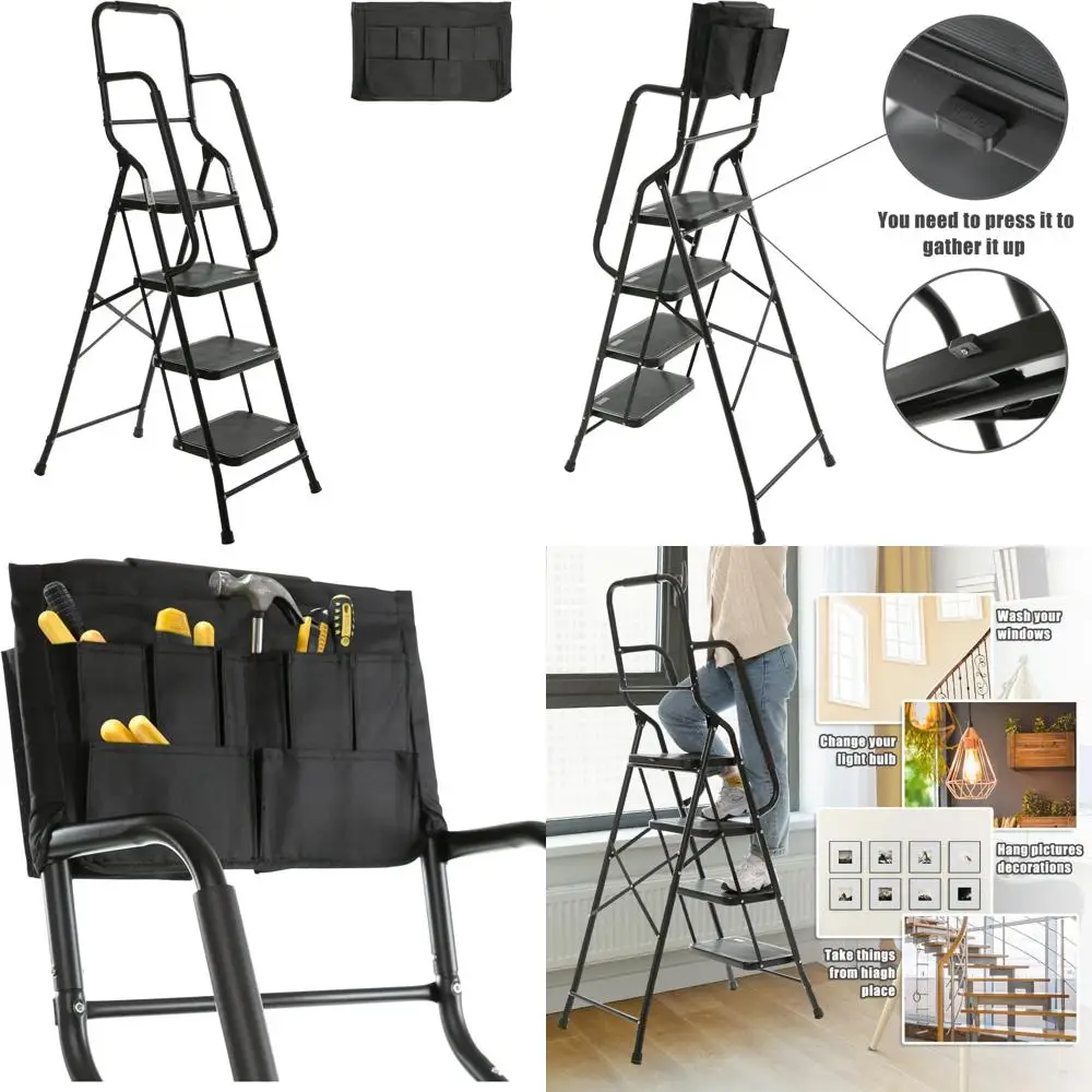 سلم فولاذي قابل للطي مع مساند للذراعين جانبية غير قابلة للانزلاق ودواسات كبيرة، محمول، يحمل ما يصل إلى 500 رطل، قابل للفصل لسهولة التخزين #1