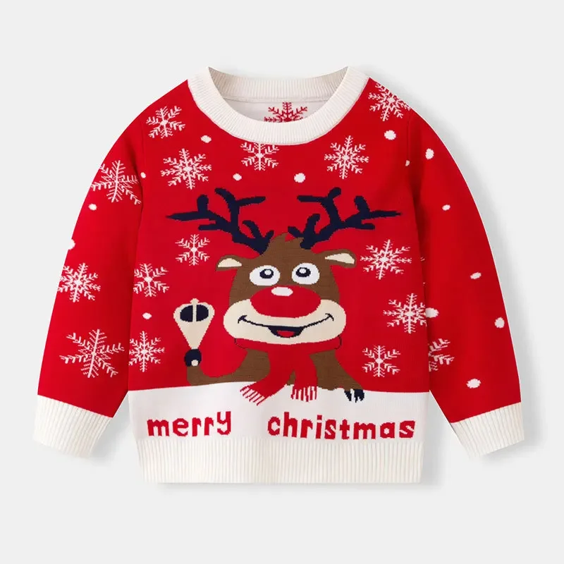 

Merry Christmas Elk Print Children's Sweater Full Sleeve O Neck Knitwear Warm Soft Pullover Top Boys Girls Clothing Xmas Jumpers