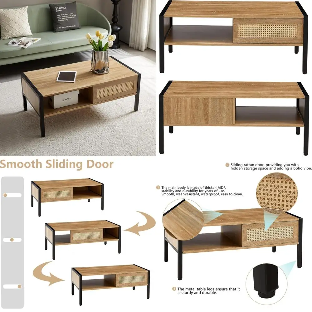 

Mid Century Modern Farmhouse Style Rectangular Wooden Coffee Table with Storage