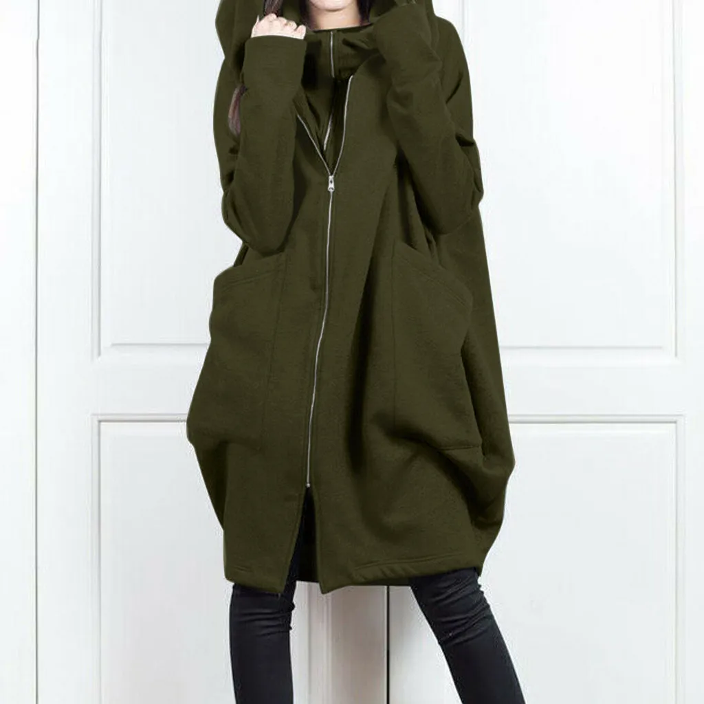 Damen-Kapuzenpullover mit Taschen, Reißverschluss, mittellanger, lockerer Mantel, zweiteiliger Look, lässige Oberbekleidung – Detail 8