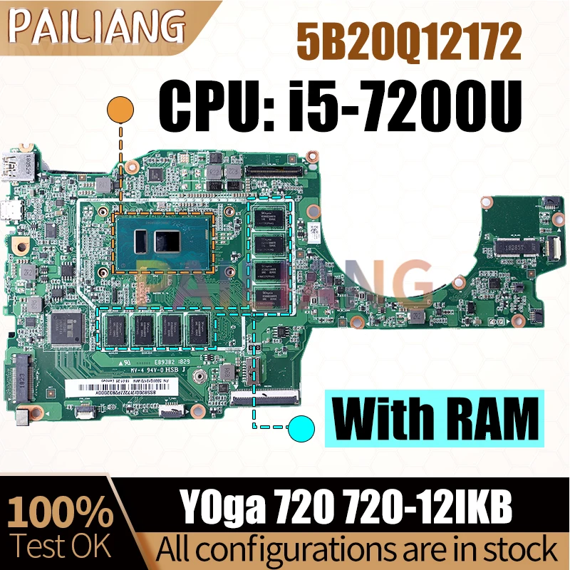 For LENOVO Y0ga 720 720-12IKB Notebook Mainboard SR342 i5-7200U With RAM 5B20Q12172 Laptop Motherboard Full Tested