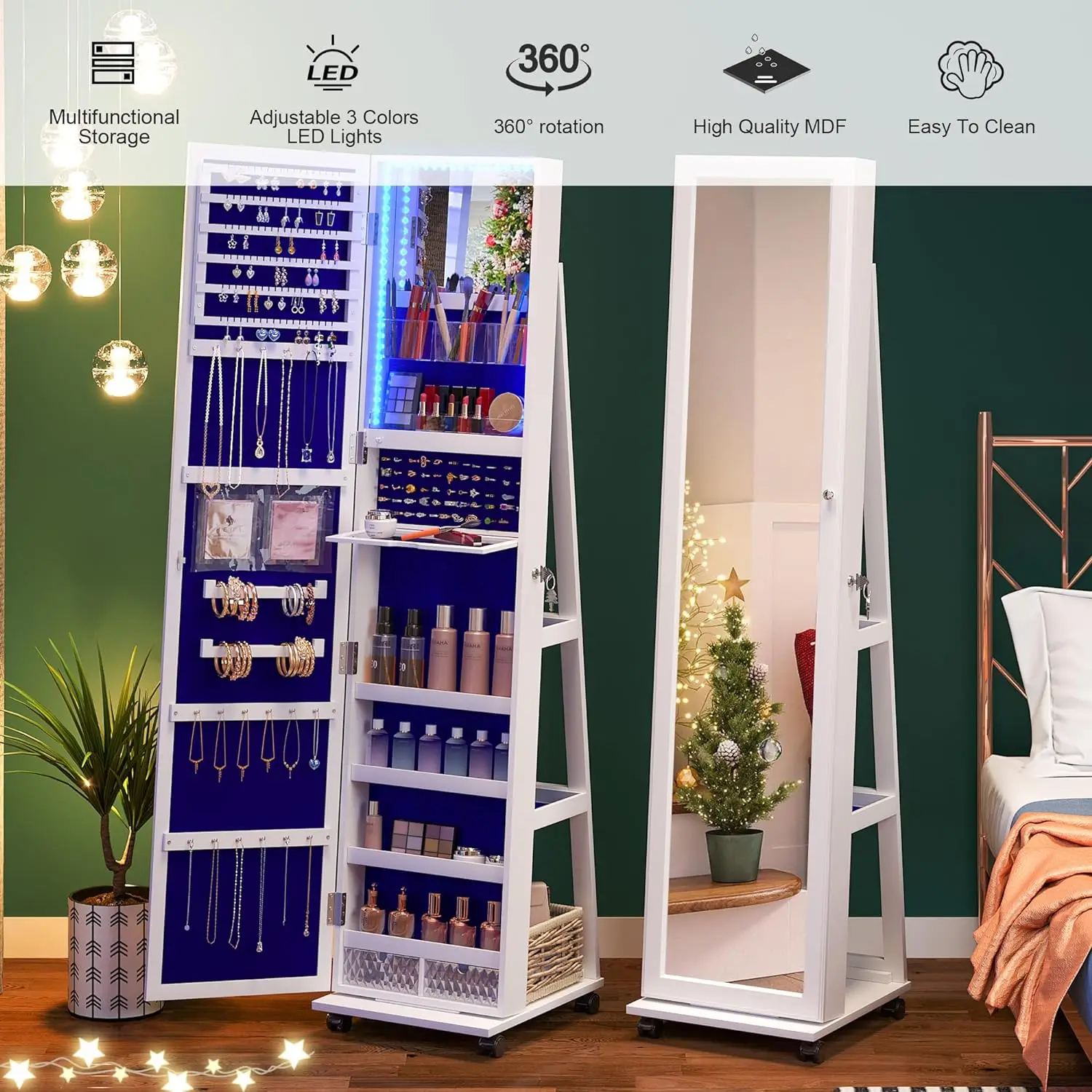 

360° Rotating Jewelry Armoire with Lights, Lockable Mirror Jewelry Cabinet, Standing Full Length Mirror with Jewelry Storage