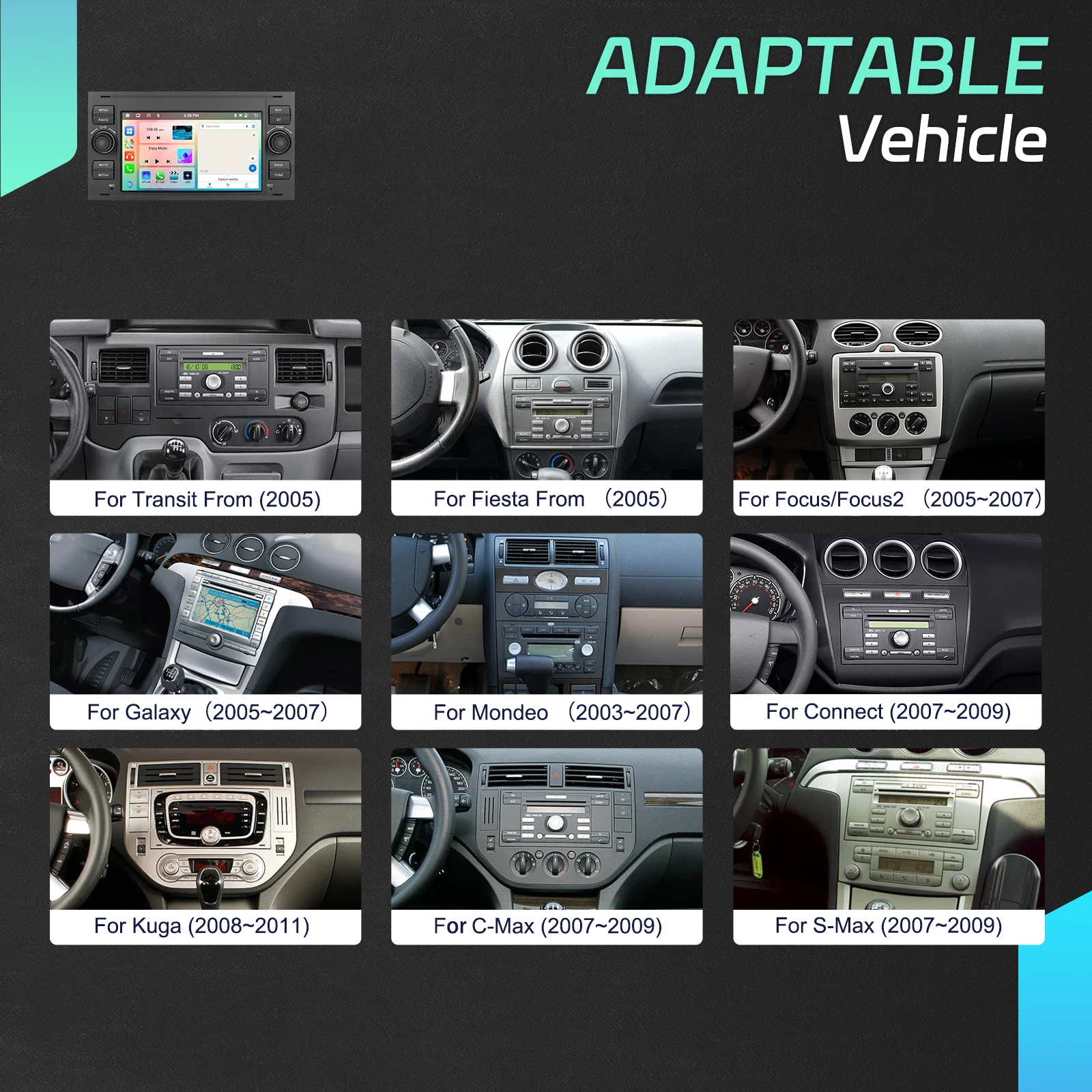 Podofo 7 "راديو السيارة اللاسلكي CarPlay راديو أندرويد لفورد فوكس/مونديو/S-Max Transit/Kuga Connect الوسائط المتعددة نظام تحديد المواقع RDS Autoradio #3