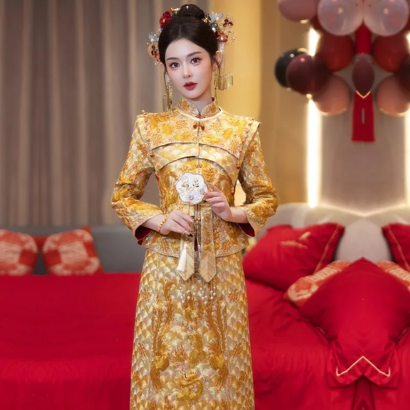 Full Embroidery Gown Emperor Dragon Phoenix Gown 2025 New High-End Xiuhe Dress Bride Wedding Dress Summer Chinese Style Xiuhe