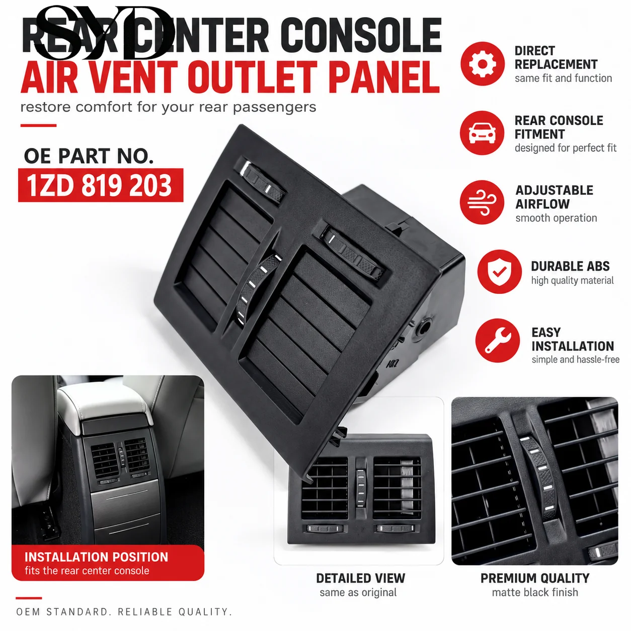 Center Armrest Rear AC Air Vent Outlet Grille Louver Assembly OE 1ZD819203 Rear Console Air Outlet For Skoda Octavia