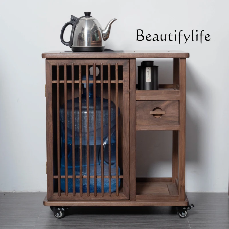 New Chinese Style Solid Wood Mobile Tea Cabinet North America Black Walnut Embedded Integrated Boiling Water Tea Table