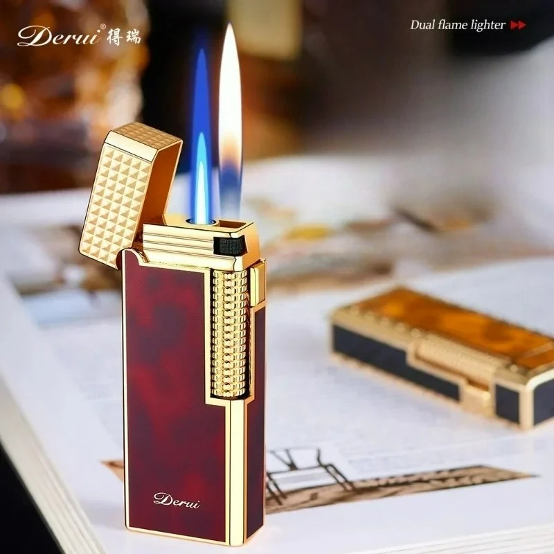 DERUI Narrow Edition Personalized Dual Flame Butane Gas Lighter Side Pulley Ignition Open Fire Switching Jet Fire Cigar Lighters