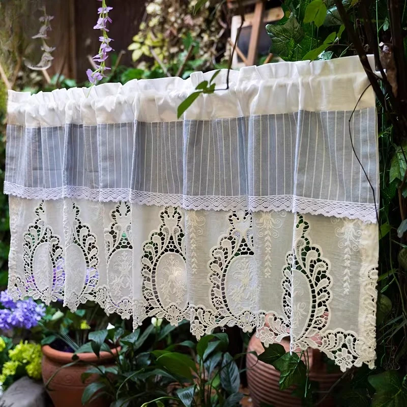 Elegant Striped Half Curtain Pure White Embroidery American Nordic Short Partition Decor for Door Cabinet Indoor Home Decoration