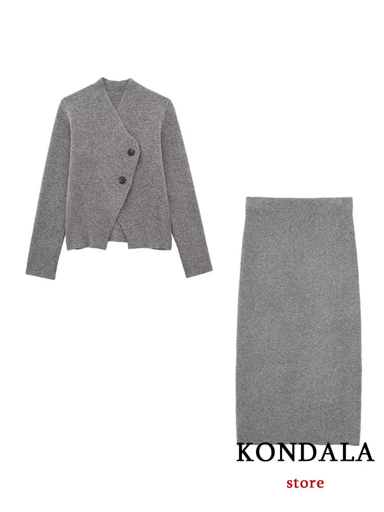 KONDALA Vintage Grey Solid Women Suit V-Neck Single Breasted Knitted Top Long Straight Skirt New Fashion 2023 Autumn Winter Sets