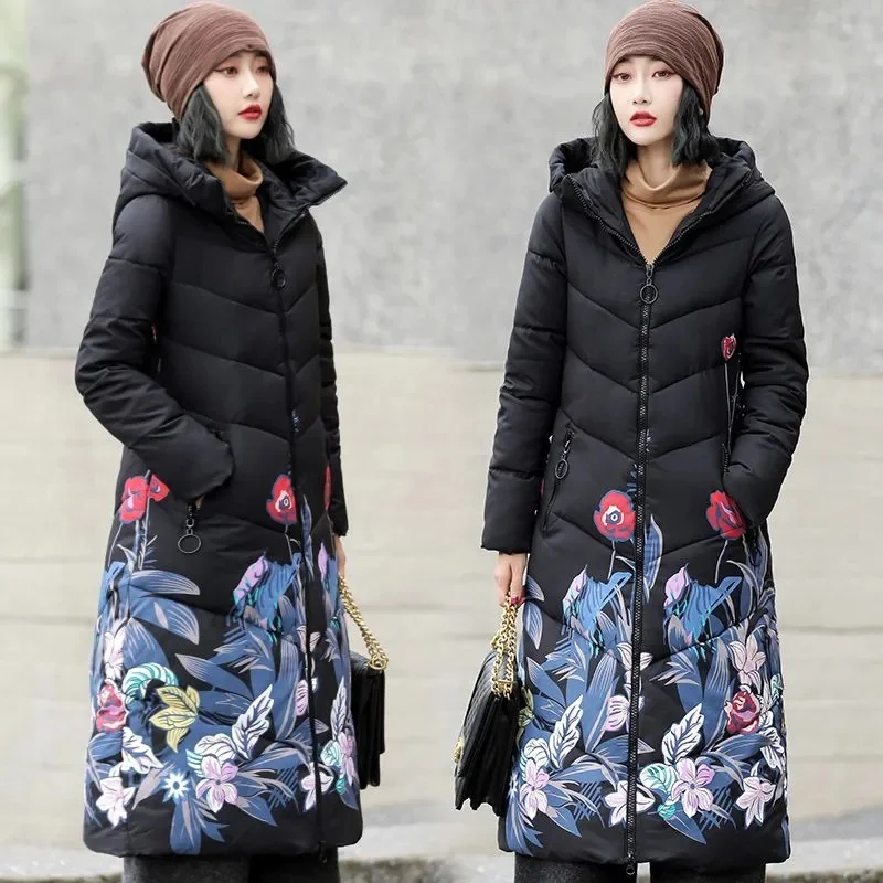 2023 Korean Jacket Women Winter X-long Parkas Solid Hooded Thicken Warm Female Snow Wear Coat Padded Loose Clothes