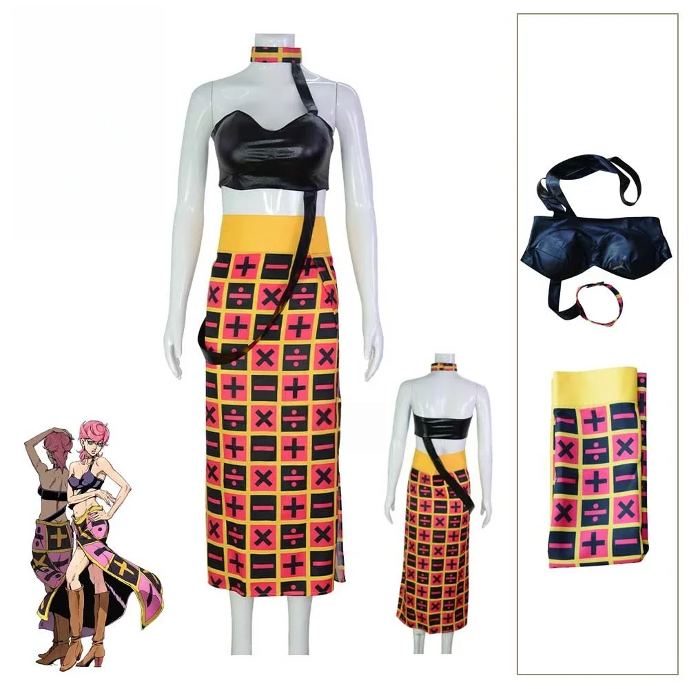 Costume de fête sexy pour femme, inspiré de l'anime JOJO's Bizarre Adventure Golden Wind, déguisement de Trish Una, hauts tube en PU, jupe à carreaux