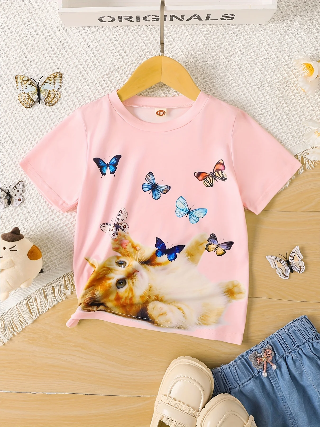 Kitten & Butterflies Fun Graphic Girls Casual T-Shirt, Kids Crewneck Short Sleeve Tee Summer Tops Clothes