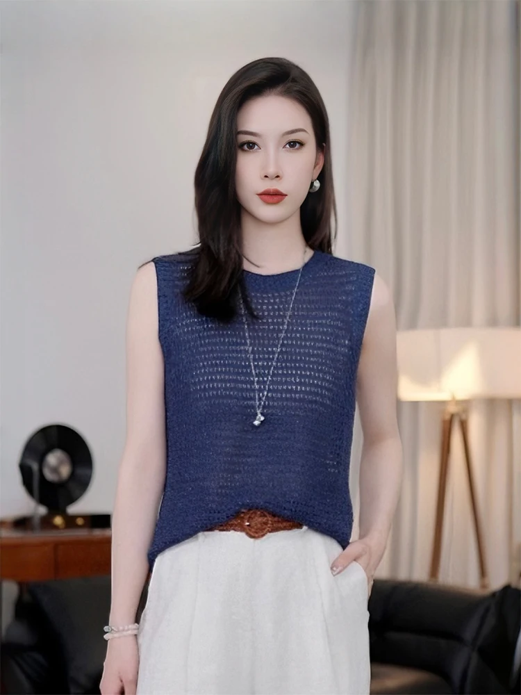 

Nana High Waist DMX Linen Knitted Hollow out Svel Vest Women's Casual Loose Top round Ne ort Length H-ape Vest