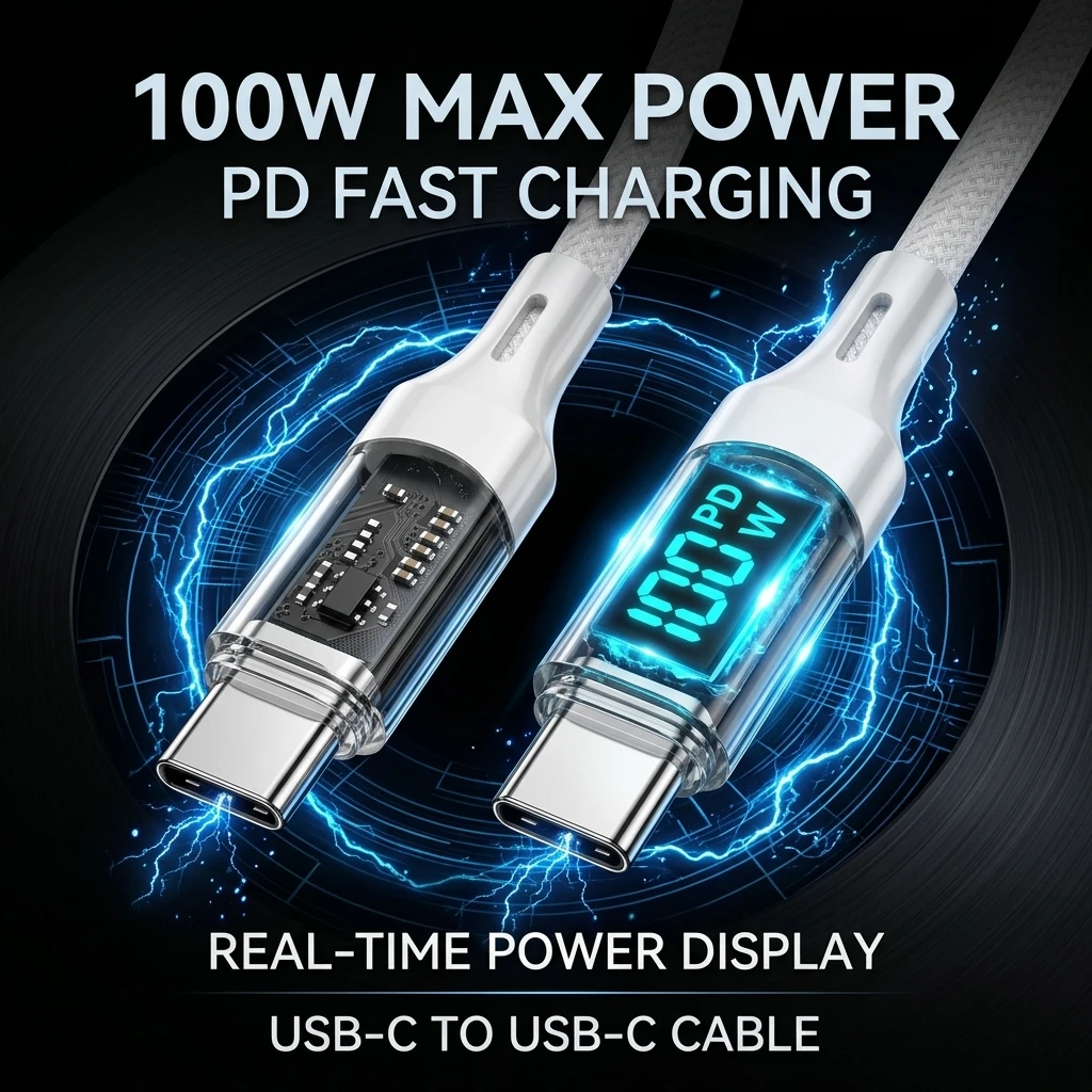 100W USB C to C Cable PD Fast Charging LED Power Display Nylon Braided Cord For iPhone 17 16 15 Pro Max MacBook Samsung
