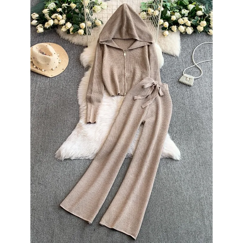 

Fashion Suit Women Autumn Winter Casual Double Zipper Hooded Knitted Jacket Two-Piece Set of High Waist Slimming Wide Leg Pants