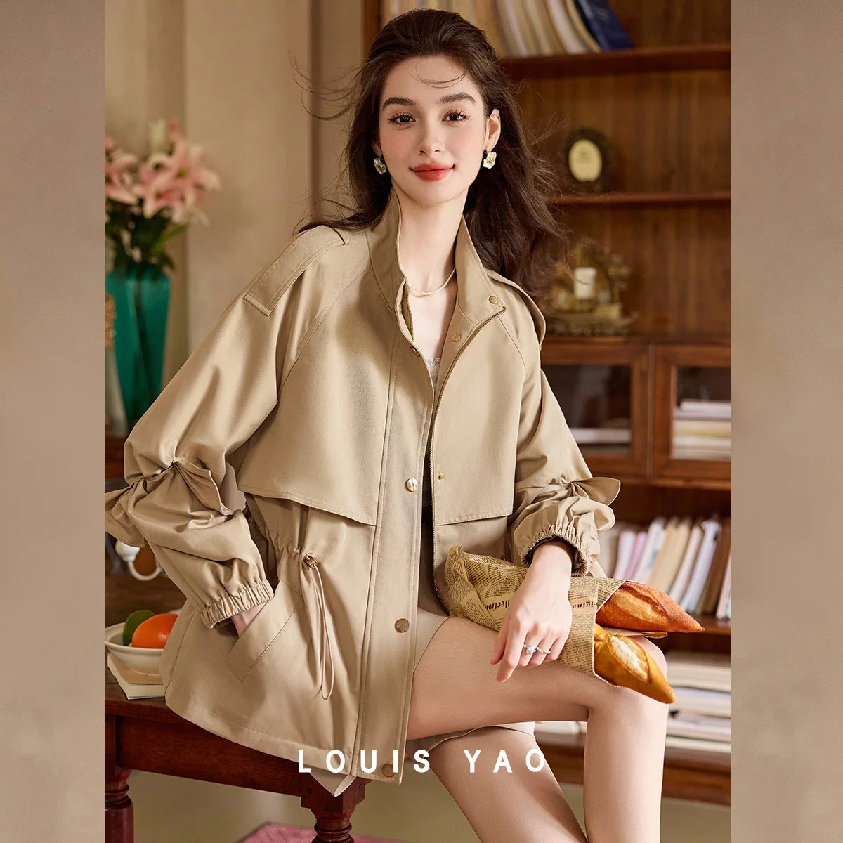 LOUIS YAO Commuter Women's Trench Coat 2025 Fall Woven Non-Stretch Drop Sleeves Stand Collar Solid-Color Casual Cardigan Coat