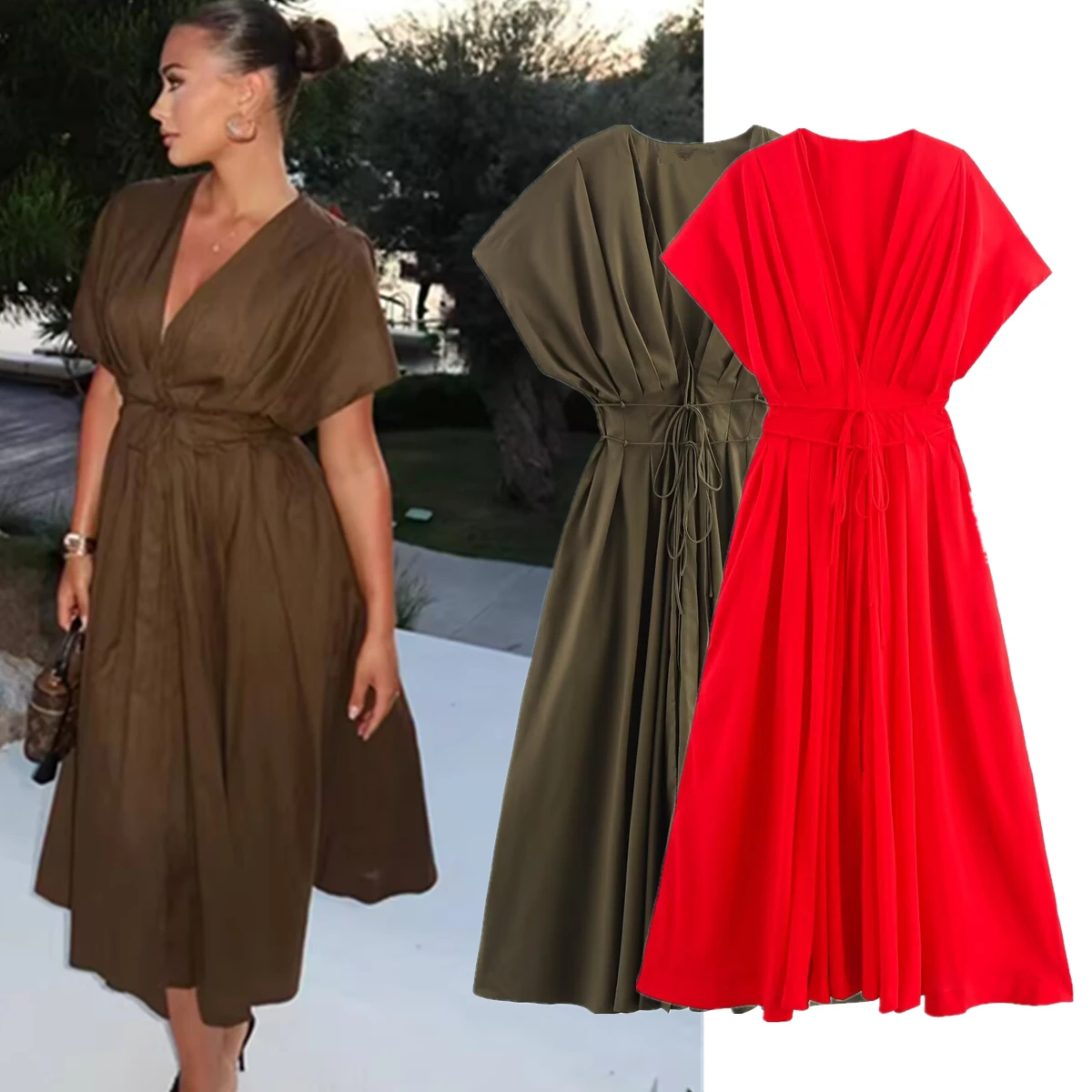

Maxdutti French Elegant V-Neck Pleated Midi Party Dress For Women Summer Dress Women Vestidos