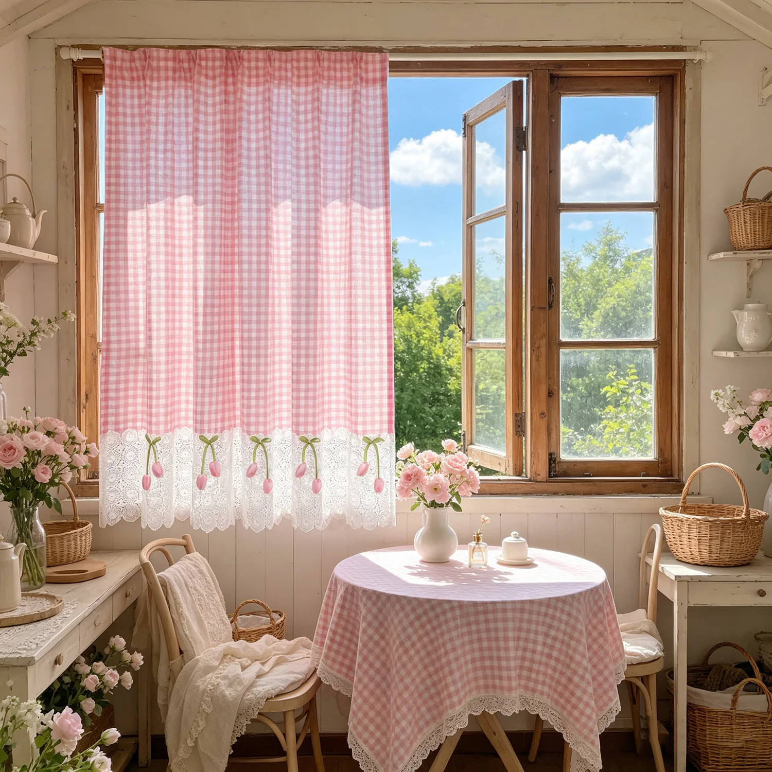 Country Pink Plaid Kitchen Curtain with Hollow Lace  Tulip Flower Decor, Farmhouse Semi Sheer Window Valance for Cabin Balcony