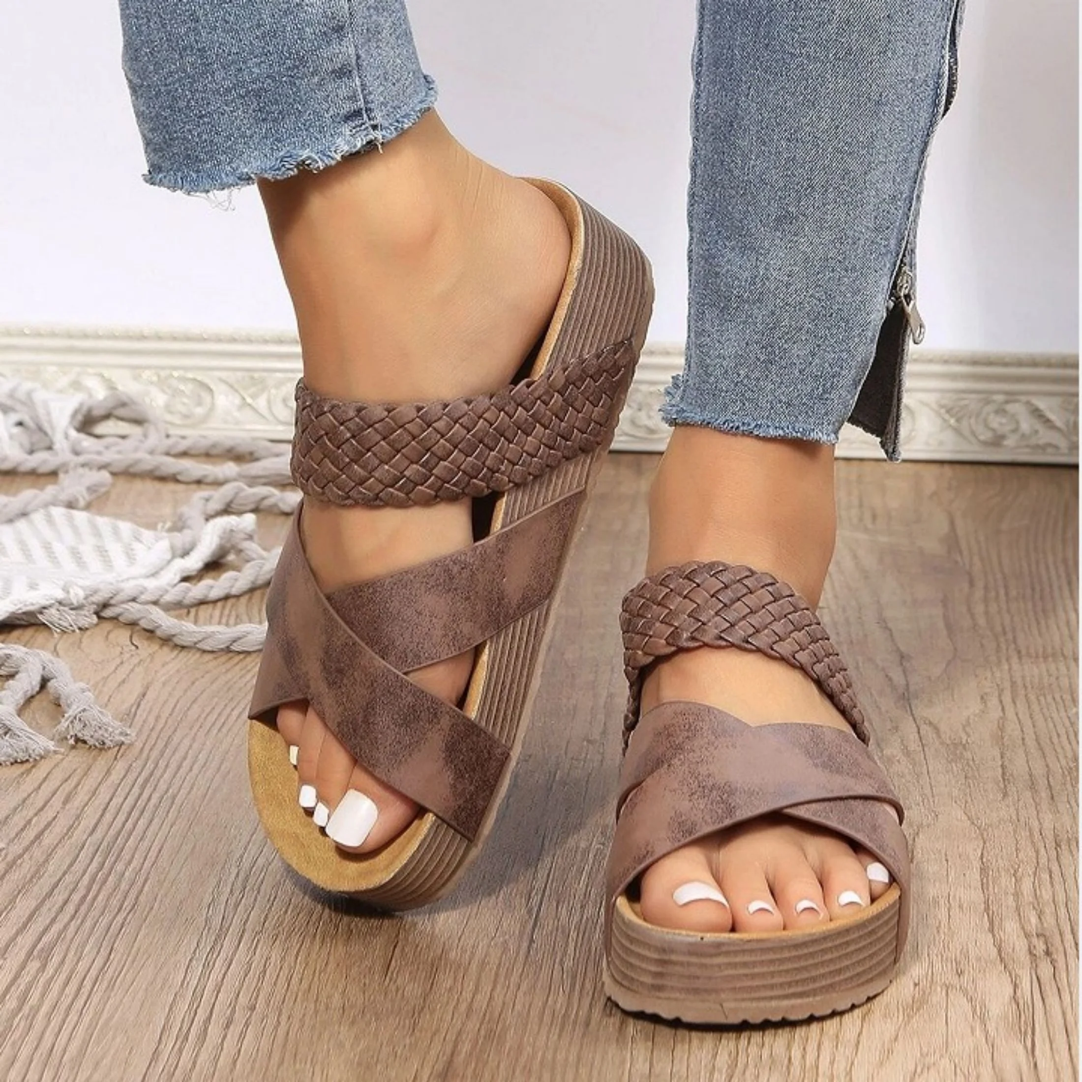 Mid Heel Womens Fashion Flax Sandals - Breathable, Arch Support, Lightweight, Slip-on, Strappy Back, Open Toe, Rubber Sole,