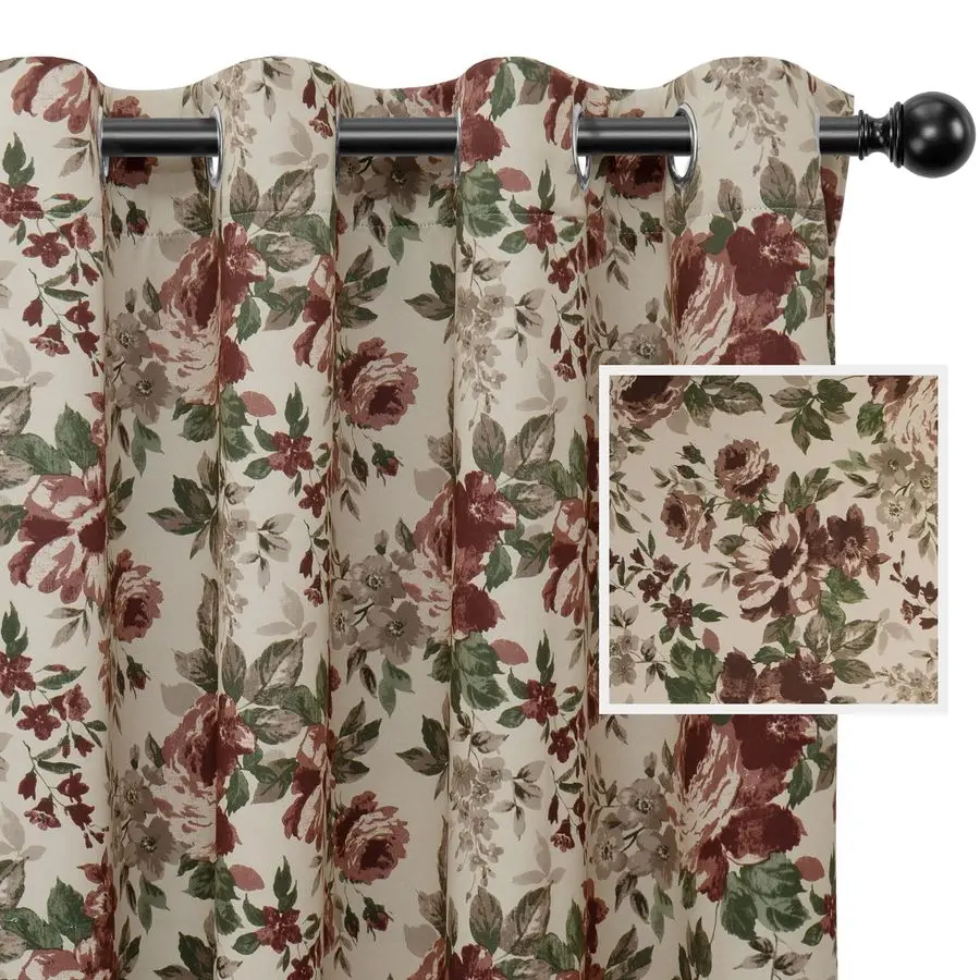 Cortina Blackout com Estampa Floral, 84 Polegadas de Comprimento, com Ilhós, Térmica e Isolante, para Quarto e Sala de Estar