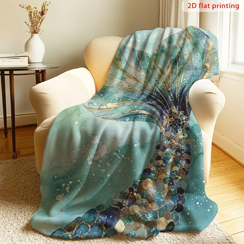 Luxurious Mermaid Tail Throw Blanket Gold Print Ocean Aquatic Fleece Decor Couch Sofa Coastal Beach Gift Ideas for Home