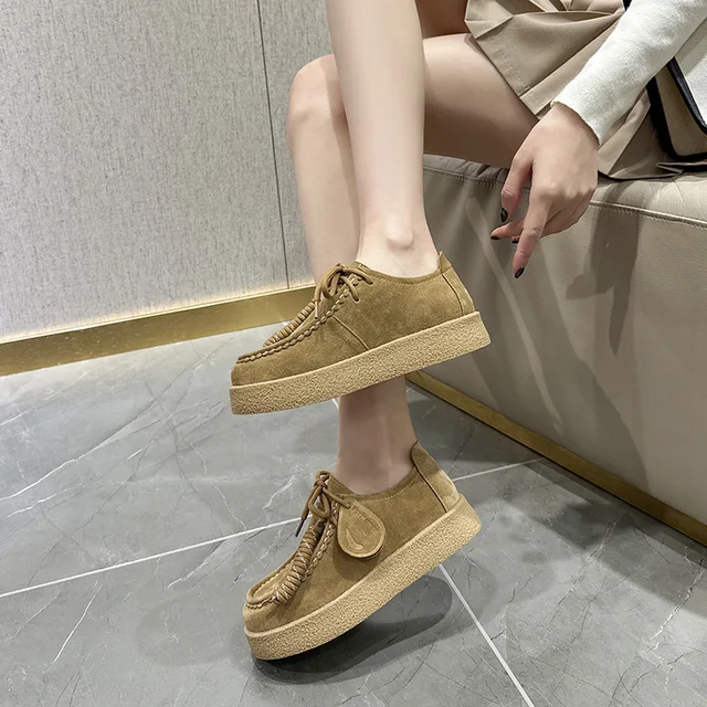 Women Loafers Platform Suede Genuine Leather 2026 New British Style Lace-Up Student Shoes Women Large Size Classic Shoes Ladies