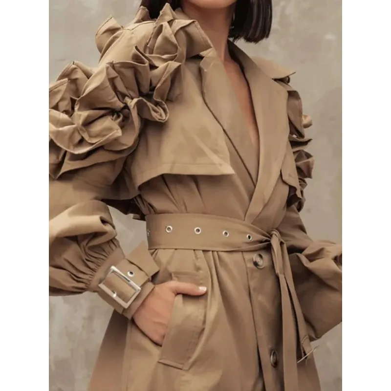 2024 New Patchwork Belt Trench Coat, Women's Lapel Lantern Sleeve, High Waist Patchwork Buttons, Elegant Trench Coat, Coat Women