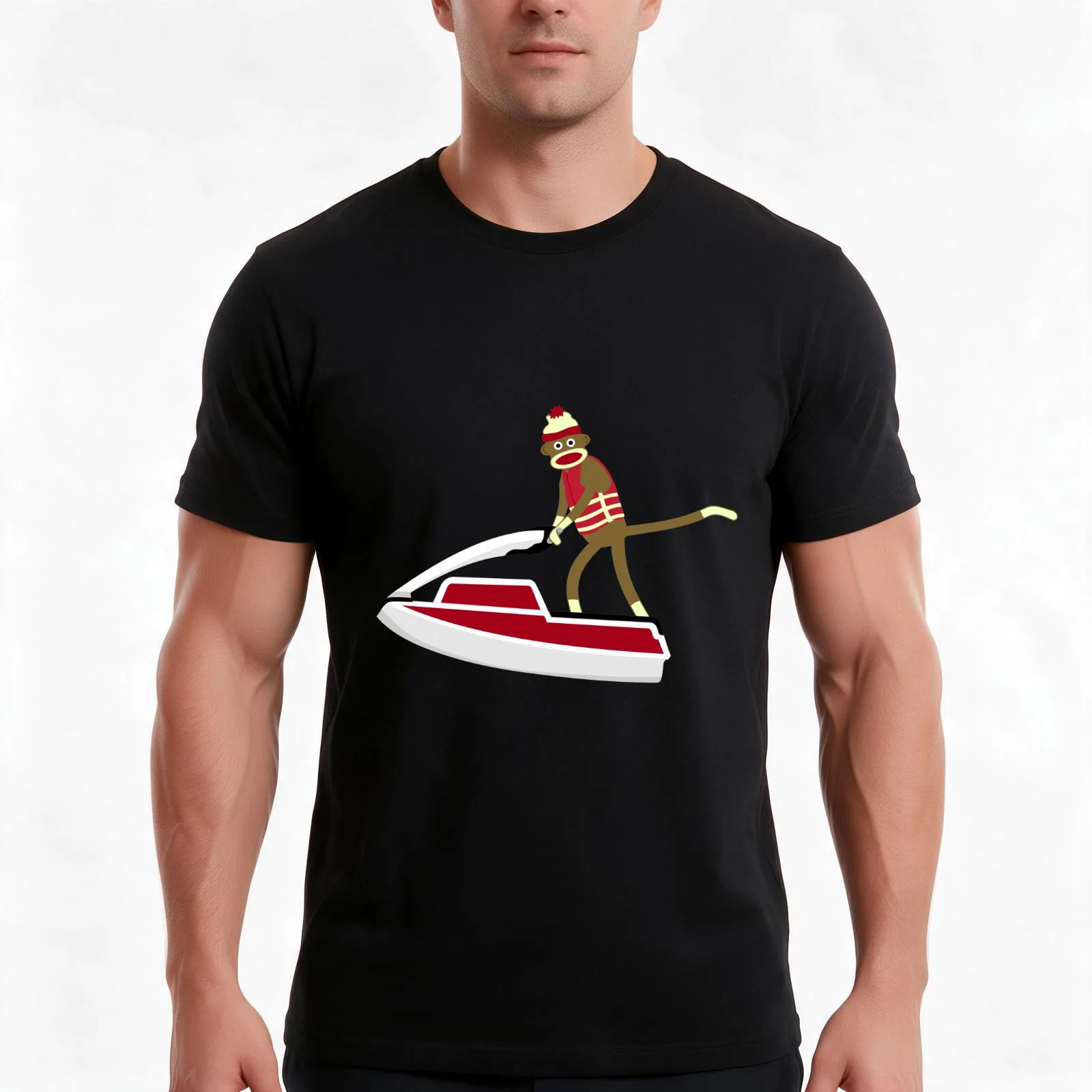 Sock Monkey Jetski T-Shirt, Summer Casual Cotton Tee, Oversized Streetwear Tops, Vintage Graphic Print, Loose Fit Short Sleeve