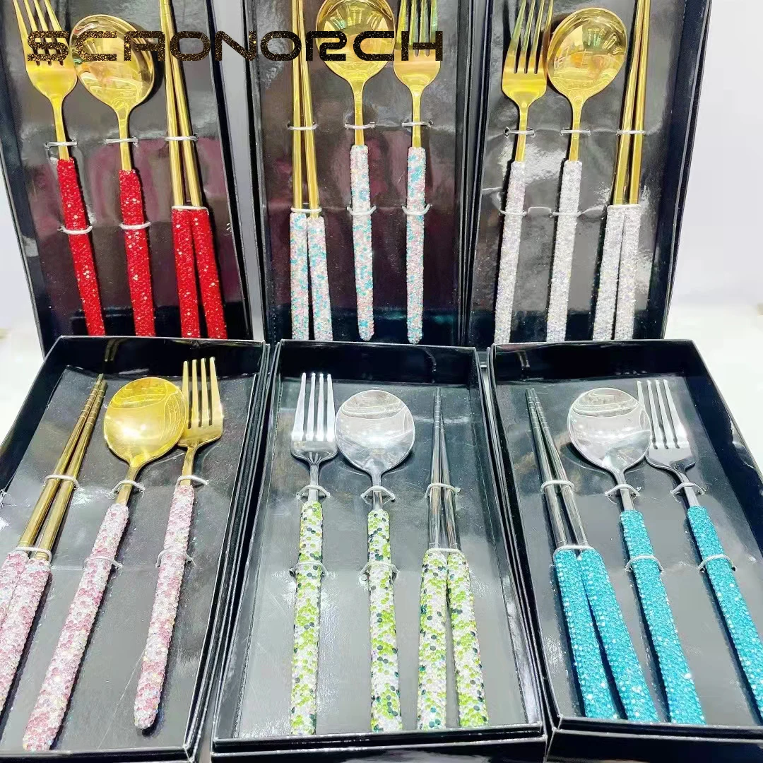 

Luxury Korean Dinnerware Set 3Pcs Cutlery Set Bling Rhinestone Stainless Steel Chopsticks Fork Spoon Tableware Christmas Gifts