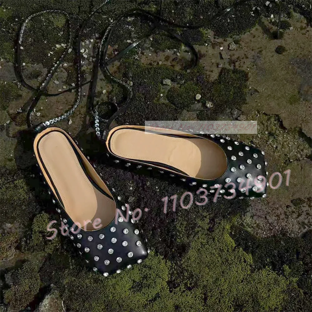 Zapatos planos de cuero de vaca azul con cristales brillantes para mujer, plantillas de piel de oveja con punta cuadrada, zapatos elegantes con cordones para verano