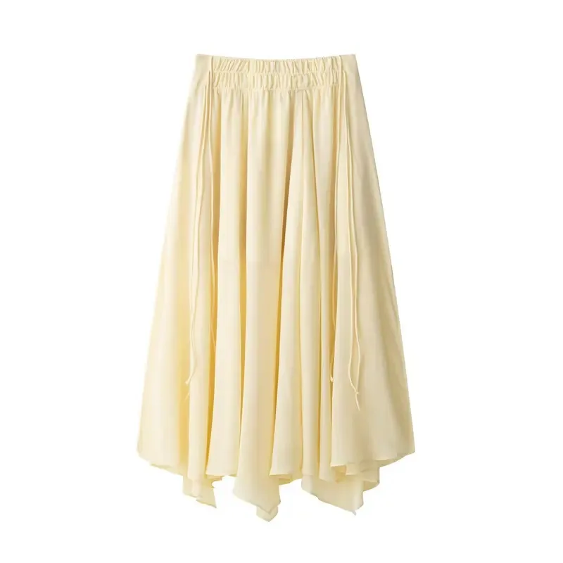 Fashion Women's Yellow Chiffon Shirt And Skirt Set Summer Outfit with Tiered Lace-Up Design Pleated Long Skirt Zipper Closure