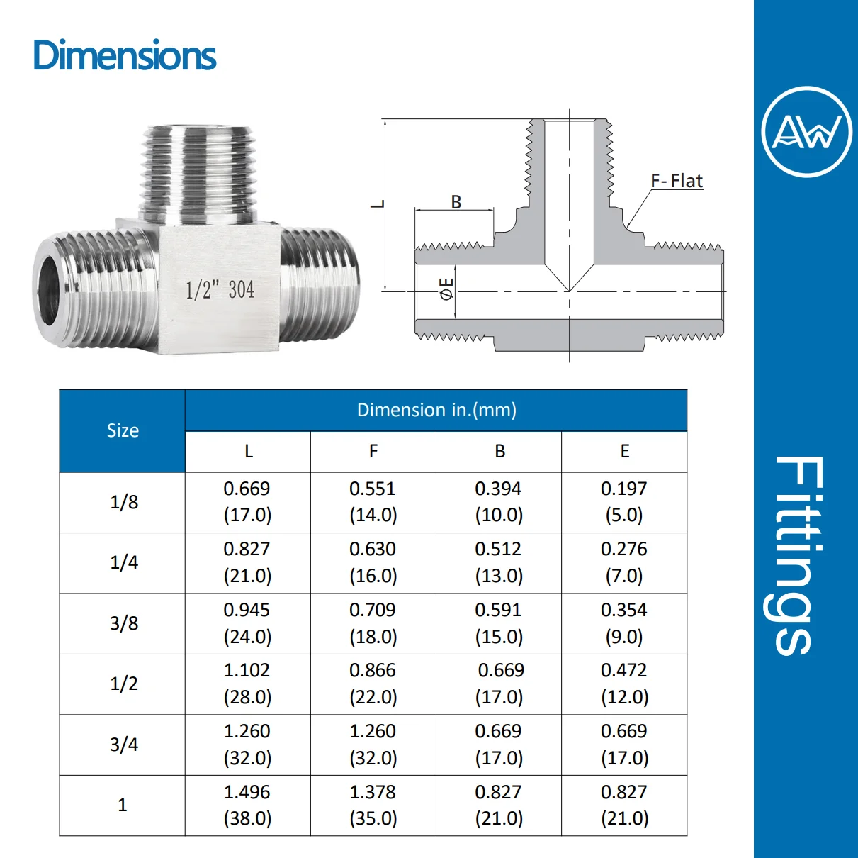 AW® 304 Stainless Steel Forged Male Tees Pipe Fittings Connector Thread BSPT 1/8