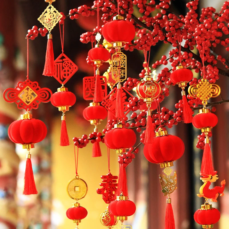 Chinese Traditional Style Lantern Pendant 2024 Year of the Dragon Red Tassle Hanging Decor Spring Festival Potted Plant Charms