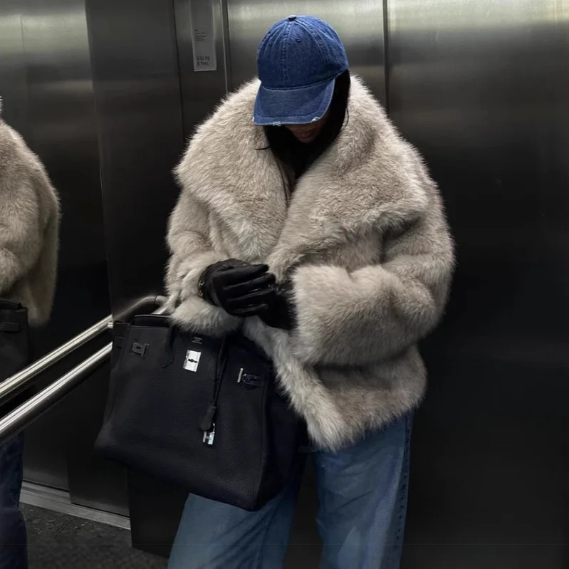 معطف فرو نسائي ort فضفاض بياقة كبيرة شتاء دافئ محاكاة الفراء Jaet السيدات الجزء العلوي من الجسم حجم كبير رقيق ort Sle