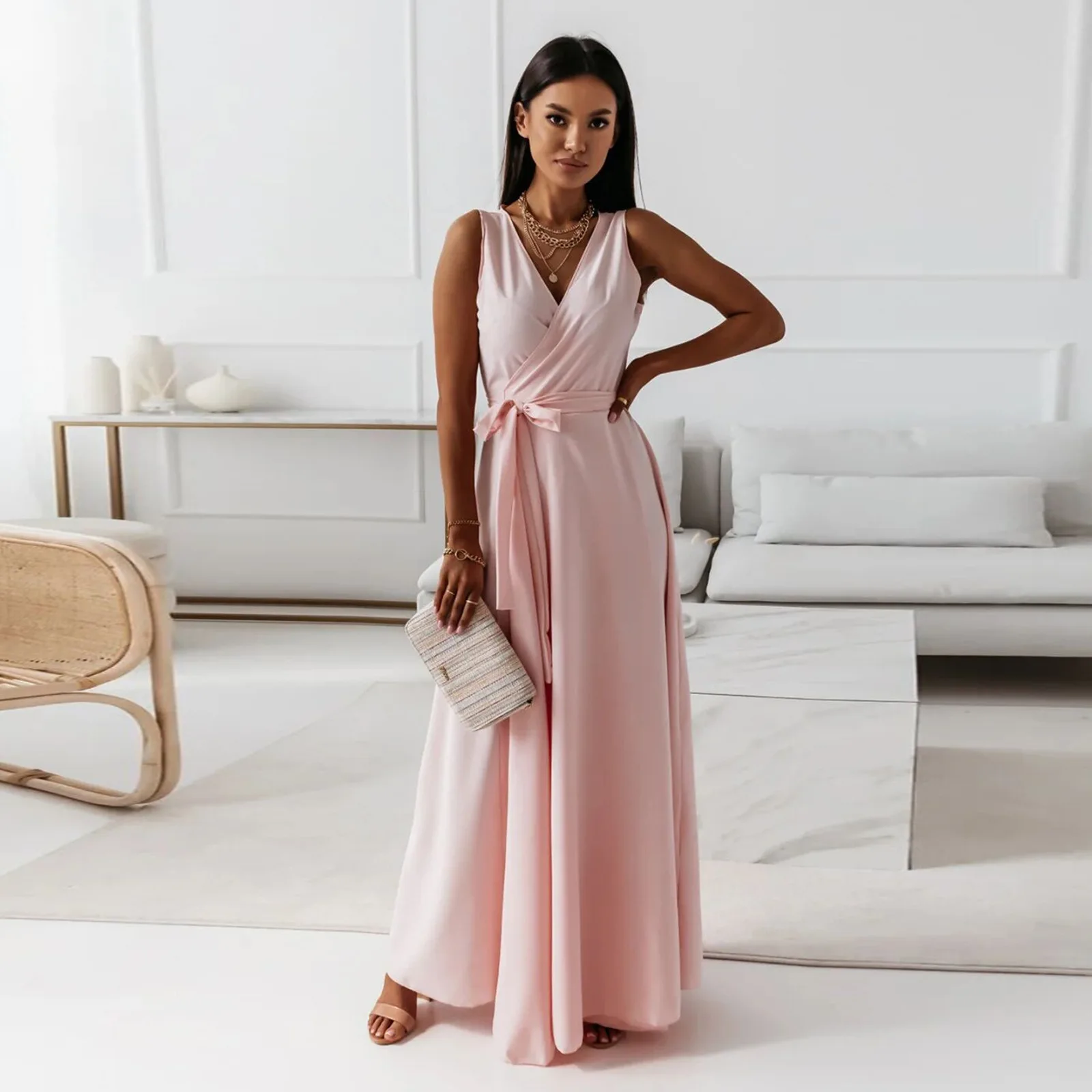 2025 sommer Neue Mode frauen Kleid Tie-neck V-ausschnitt Lange Abendkleid Kleid für Frauen Party Gala – Detail 9