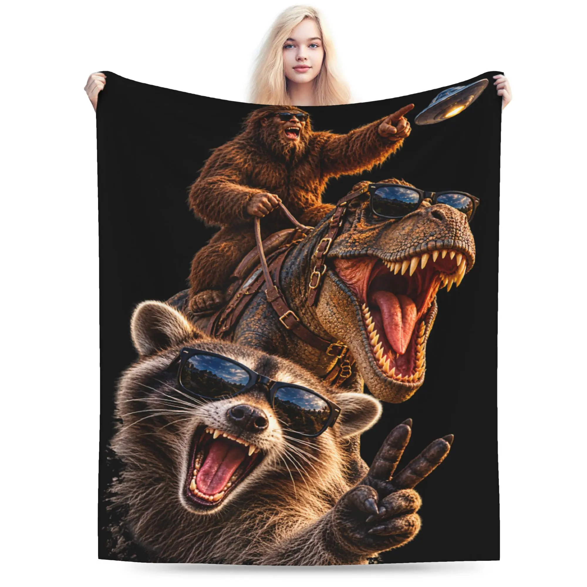 Super Soft Funny Bigfoot Ride Dinosaur Raccoon Throw Blanket Premium Fleece Flannel Lightweight Bed Blanket Super Cozy Bedspread