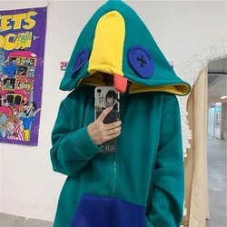 Funny Stitching Zipper Hoodie Women's Long-sleeved Winter Fashion Korean Version Plus Velvet Warm Sweater Oversized Sweatshirt