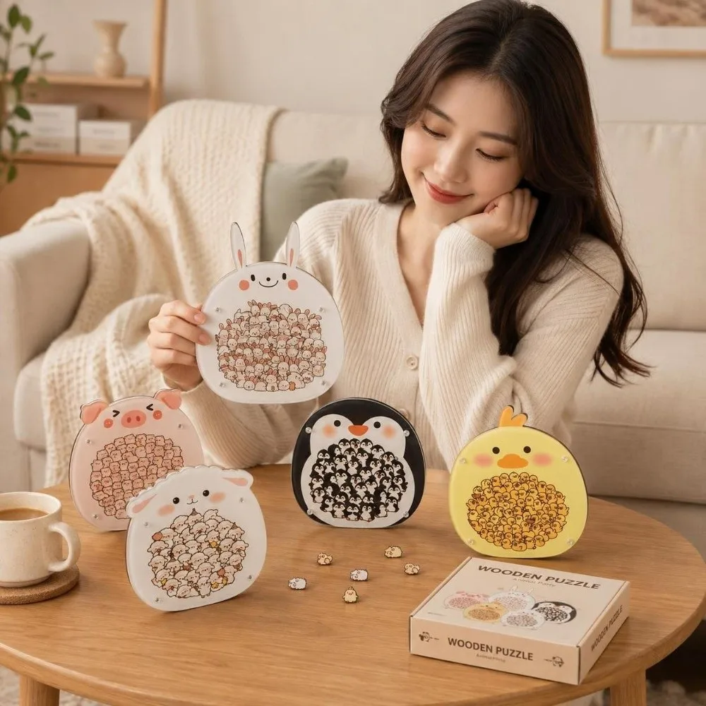 Brain Burning Little Rabbit Wooden Puzzle Animal Puzzle Piglet Penguin Jigsaw Little Lamb Home Decor Unique Irregular Puzzle