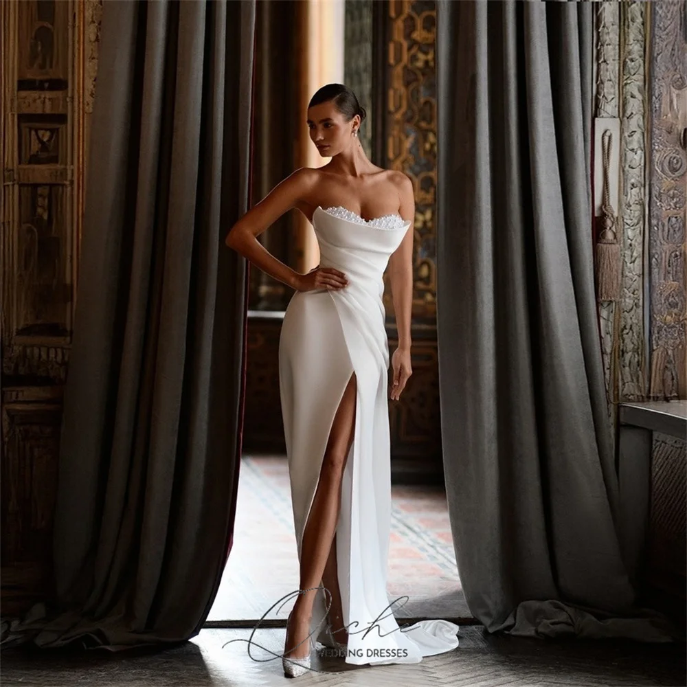 QICHE Modern Beading Pearls Off The Shoulder Mermaid Wedding Dresses High Side Slit Pleat Open Back Vestidos De Novia Customized image 2