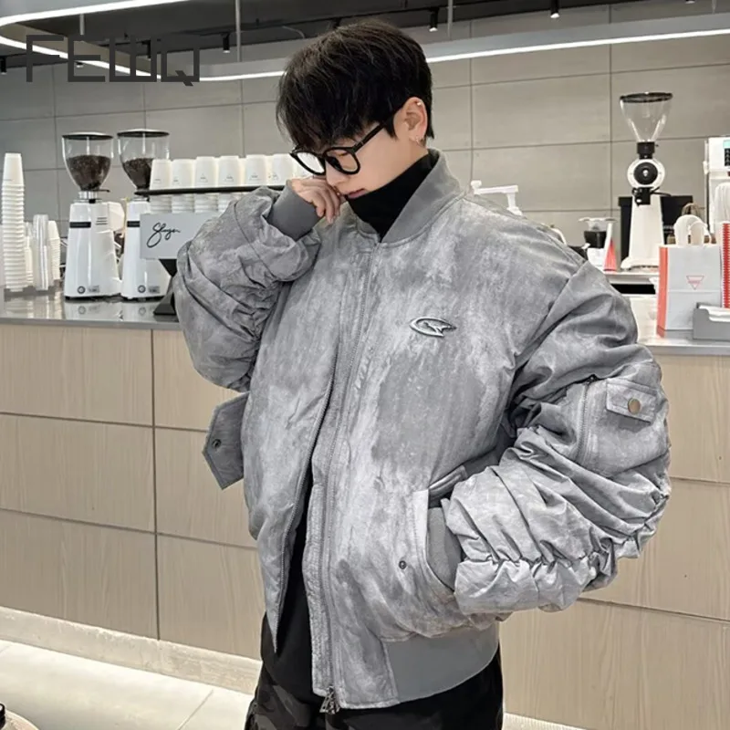 FEWQ pleated design baseball suit cotton coat American winter jacket 2024 long sleeve zipper Korea fashion male tops