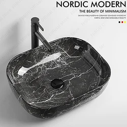 Rectangular Ceramic Table Sink Black Stone Pattern Wash Basin Bowl Boat Shaped Above Counter Vessel Sink For Bathroom Balcony