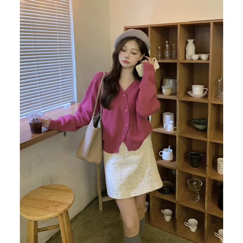 

Мягкий уютный женский вязаный открытый кардиган V-Ne Long Sve, однотонный, облегающий, красный, свитер с нерегулярными пуговицами