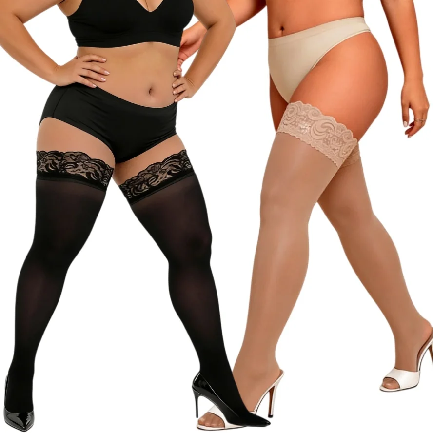 NEW Elastic Woman Black Silk Lace Thigh High Stockings Plus Size Anti slip Thin Over Knee Christmas Long Socks Sexy 3XXL 4XL 5XL