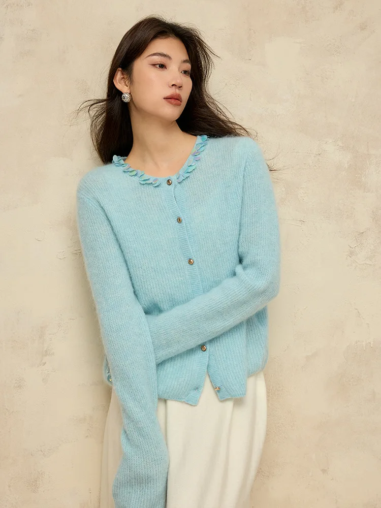 SuyaDream, Mohair Cardigans For Woman, Wool Blend, Beading Round Collar, Solid Sweaters, 2024 Fall Winter Jackets, Blue, Pink