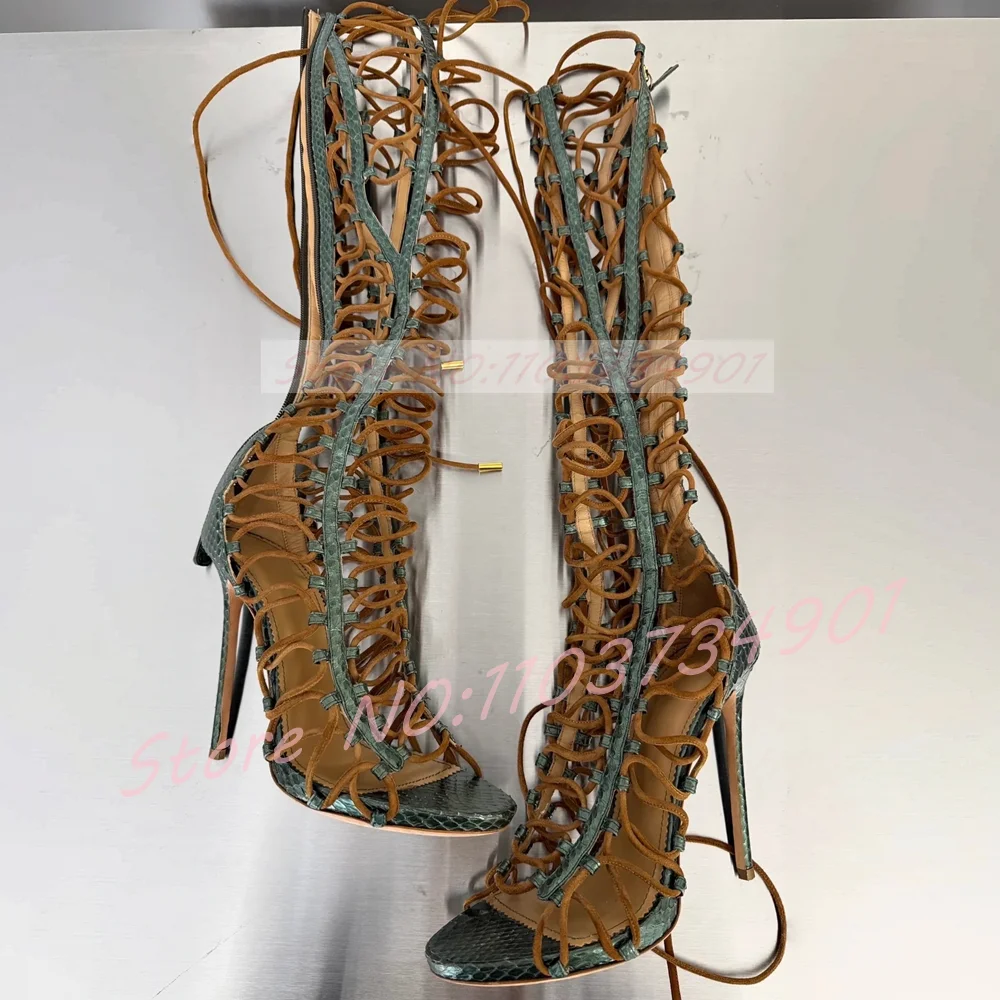 Cross Tied Gladiator Stiletto Sandals Women Fish-Scale Pattern Cutout Rope Strap Open Toe Runway Street High Heels Sandals