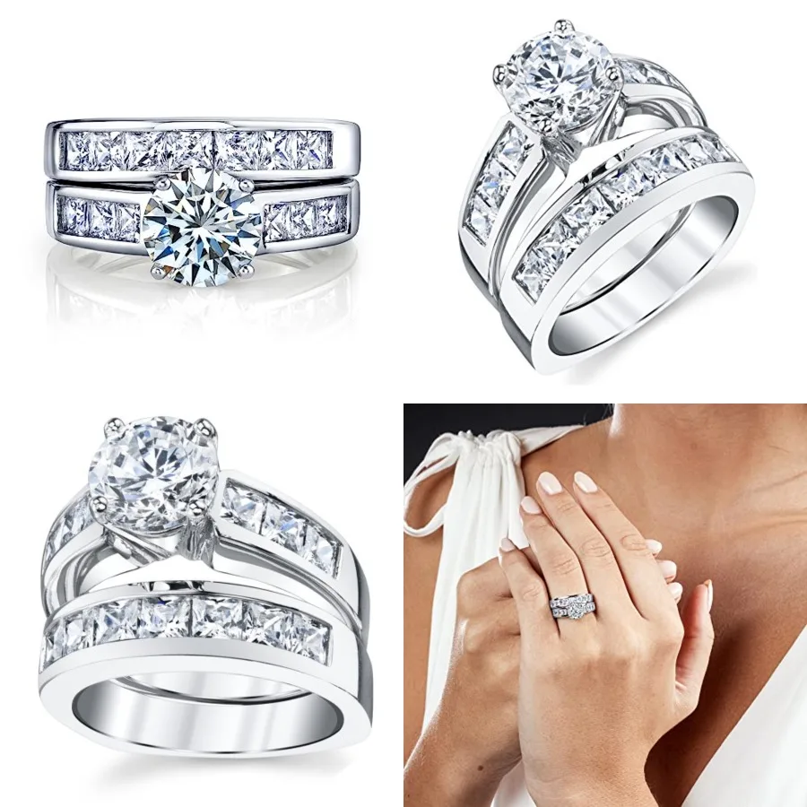 

2 Carats Sterling Silver Bridal Set Cubic Zirconia Engagement Wedding Ring Bands with Round and Princess Cut