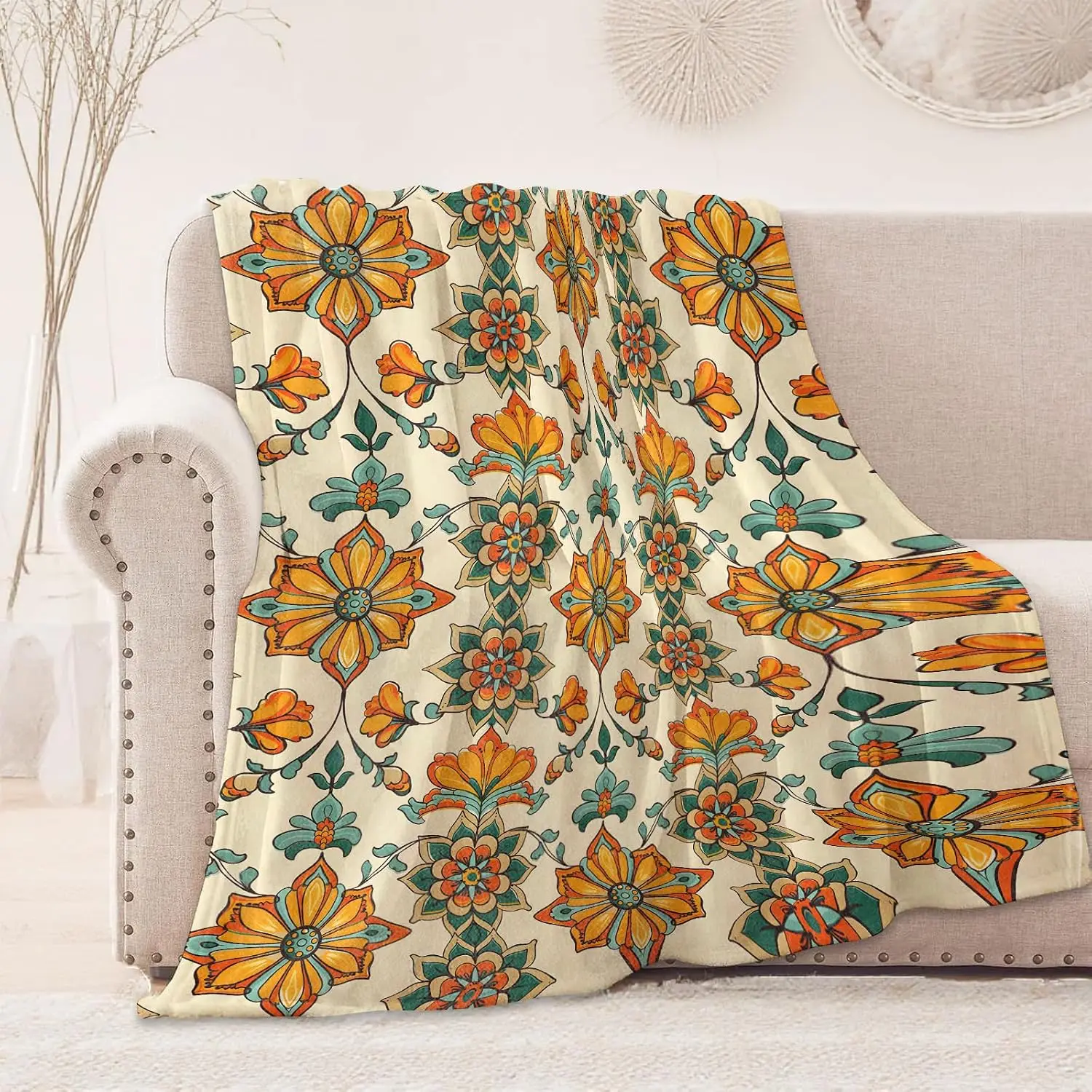 Boho Ethnic Delicate Floral Leaves Continuous Full Pattern Soft Flannel Blanket Light Decor Blanket Bed Living Room Travel Rest